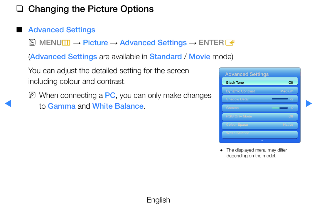 Samsung UE32D5725RSXXE, UE46D5500RWXXH Changing the Picture Options, You can adjust the detailed setting for the screen 