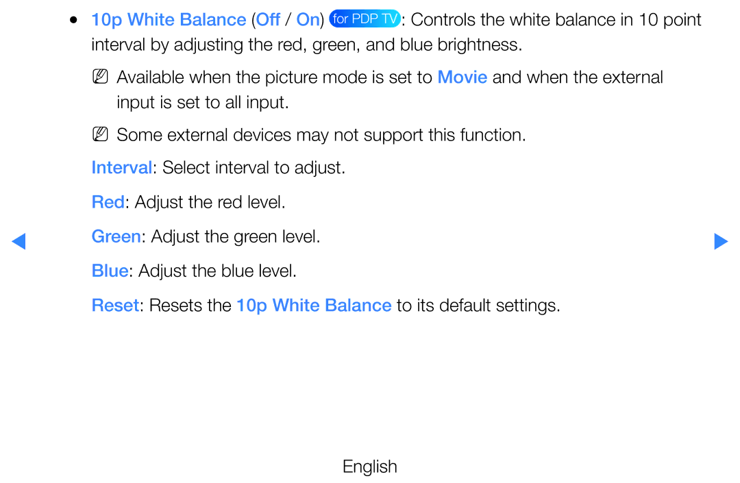 Samsung UE46D5705RSXXE, UE46D5500RWXXH manual 10p White Balance Off / On, For PDP TV Controls the white balance in 10 point 