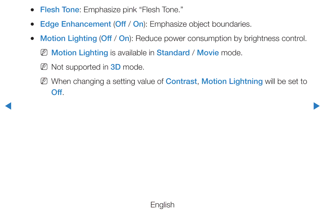 Samsung UE40D5727RKXXE manual Flesh Tone Emphasize pink Flesh Tone, Edge Enhancement Off / On Emphasize object boundaries 