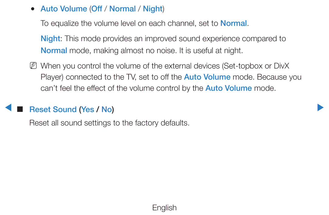 Samsung UE37D5700RSXZG, UE46D5500RWXXH, UE40D5720RSXXN manual Auto Volume Off / Normal / Night, Reset Sound Yes / No 