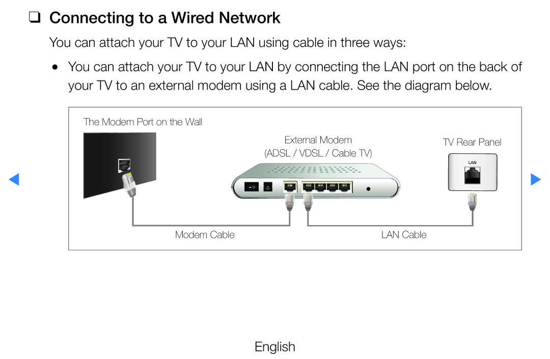 Samsung UE32D5720RSXXN manual Connecting to a Wired Network, You can attach your TV to your LAN using cable in three ways 