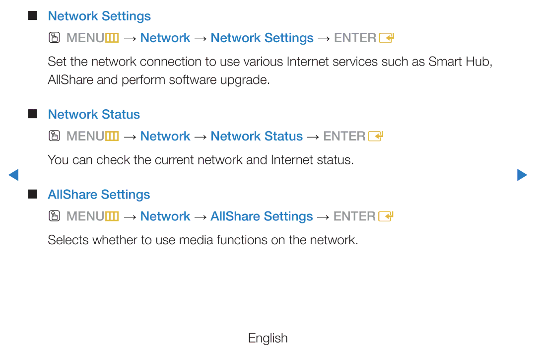 Samsung UE46D5700RSXZG, UE46D5500RWXXH, UE40D5720RSXXN manual Network Status OO MENUm → Network → Network Status → Entere 