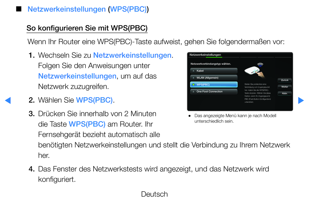 Samsung UE37D5720RSXXN, UE46D5500RWXXH, UE40D5720RSXXN, UE40D5500RWXXH manual Netzwerkeinstellungen Wpspbc, Wählen Sie Wpspbc 