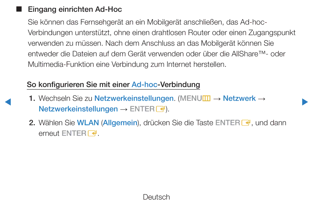 Samsung UE37D5500RWXXH, UE46D5500RWXXH manual Eingang einrichten Ad-Hoc, So konfigurieren Sie mit einer Ad-hoc-Verbindung 