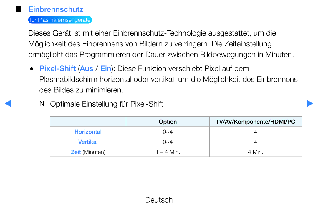 Samsung UE32D5500RWXXH, UE46D5500RWXXH, UE40D5720RSXXN manual Einbrennschutz, NN Optimale Einstellung für Pixel-Shift 