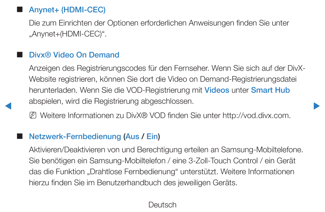 Samsung UE40D5700RSXXN, UE46D5500RWXXH manual Anynet+ HDMI-CEC, Divx Video On Demand, Netzwerk-Fernbedienung Aus / Ein 