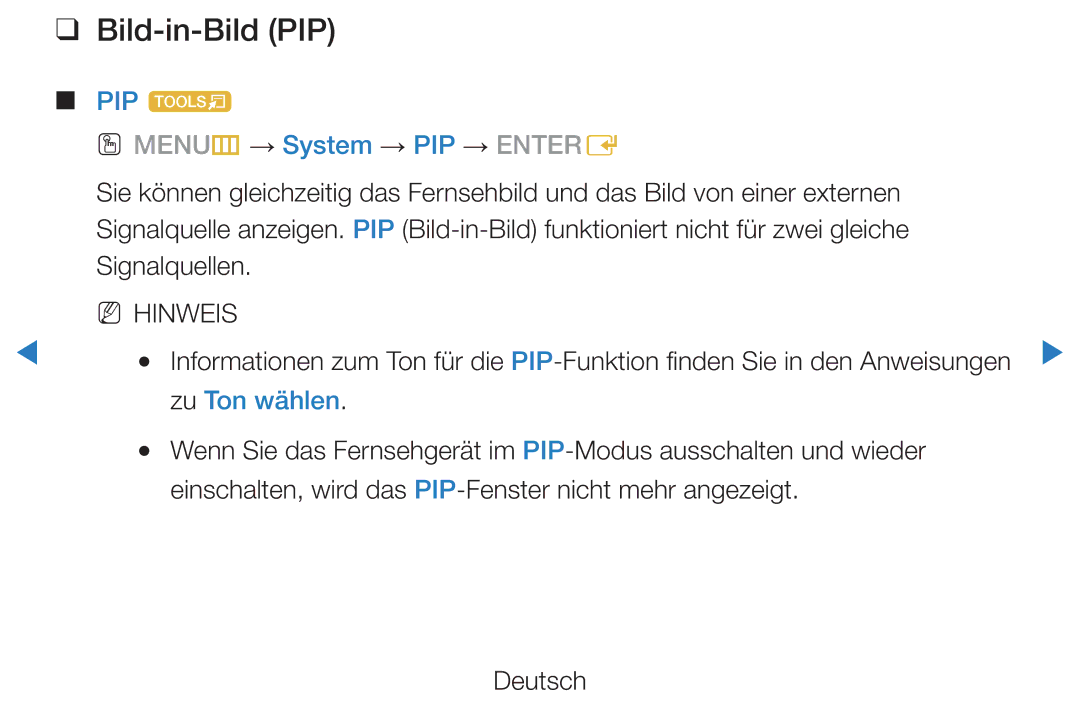 Samsung UE27D5000NWXXN, UE46D5500RWXXH manual Bild-in-Bild PIP, PIP t, OO MENUm → System → PIP → Entere, Zu Ton wählen 