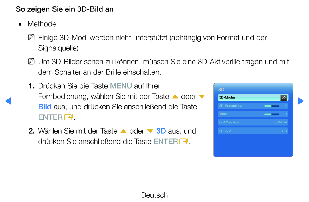 Samsung UE40D5500RWXXC, UE46D5500RWXXH, UE40D5720RSXXN manual 3D-Modus 3D-Perspektive Tiefe Wechsel Bild 3D → 2D Aus 