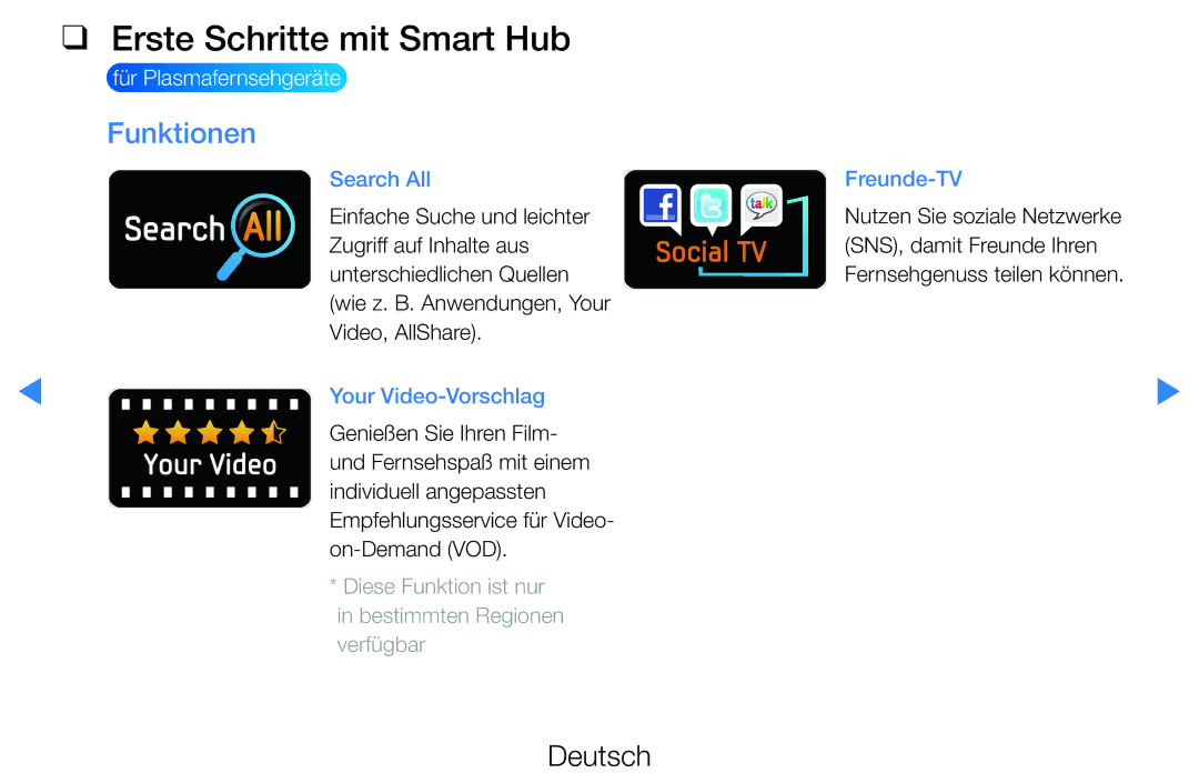 Samsung UE40D5500RWXTK, UE46D5500RWXXH, UE40D5720RSXXN, UE40D5500RWXXH manual Erste Schritte mit Smart Hub, Funktionen 