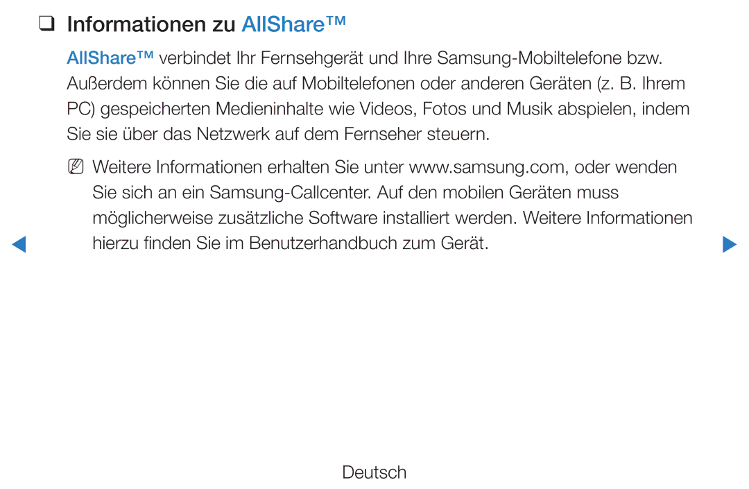 Samsung UE32D5720RSXXN, UE46D5500RWXXH Informationen zu AllShare, Hierzu finden Sie im Benutzerhandbuch zum Gerät Deutsch 