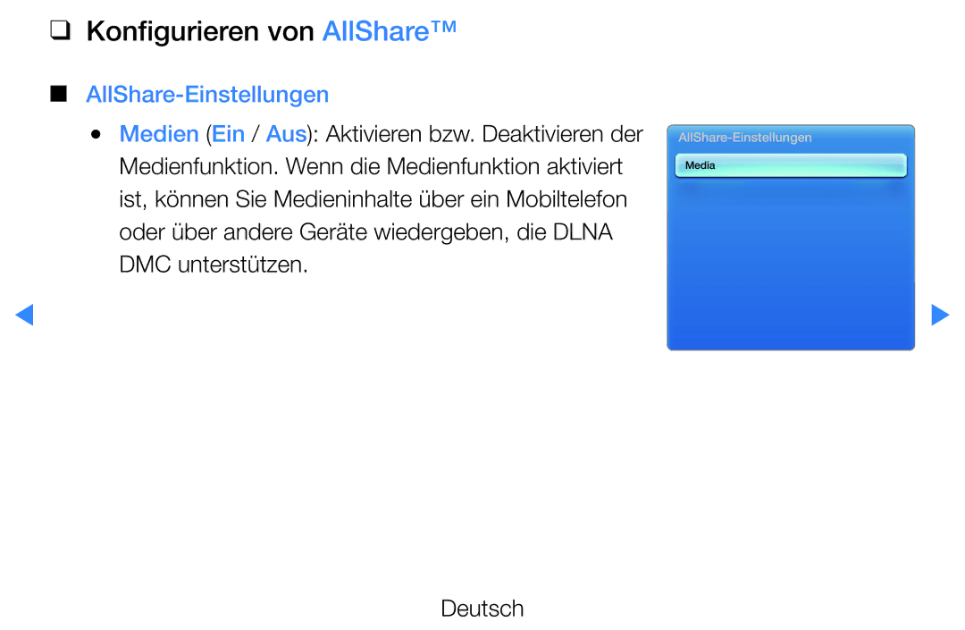 Samsung UE32D5700RSXZG, UE46D5500RWXXH, UE40D5720RSXXN, UE40D5500RWXXH Konfigurieren von AllShare, AllShare-Einstellungen 