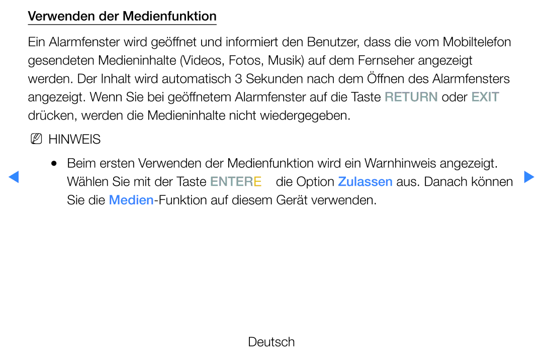 Samsung UE40D5500RWXXC manual Verwenden der Medienfunktion, Sie die Medien-Funktion auf diesem Gerät verwenden Deutsch 