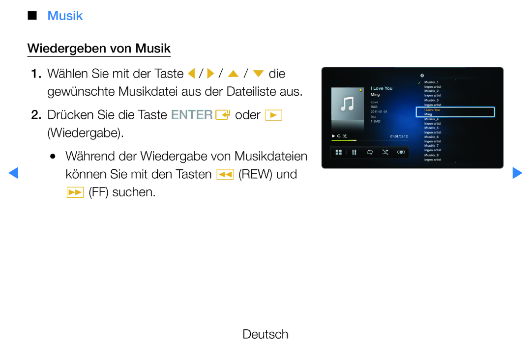 Samsung UE40D5700RSXXN, UE46D5500RWXXH, UE40D5720RSXXN, UE40D5500RWXXH, UE32D5720RSXZG manual Wiedergeben von Musik 