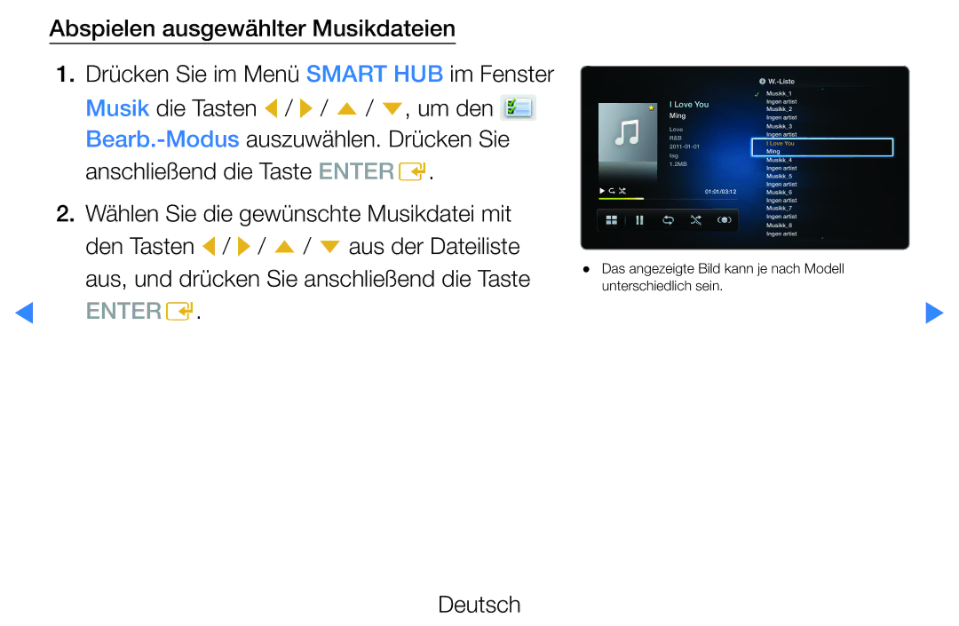 Samsung UE40D5700RSXZF, UE46D5500RWXXH manual Abspielen ausgewählter Musikdateien, Musik die Tasten l / r / u / d, um den 