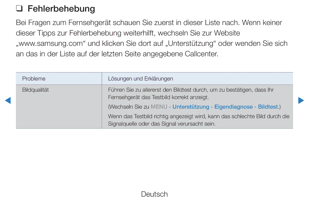 Samsung UE40D5500RWXXC, UE46D5500RWXXH manual Fehlerbehebung, Wechseln Sie zu Menu Unterstützung Eigendiagnose Bildtest 