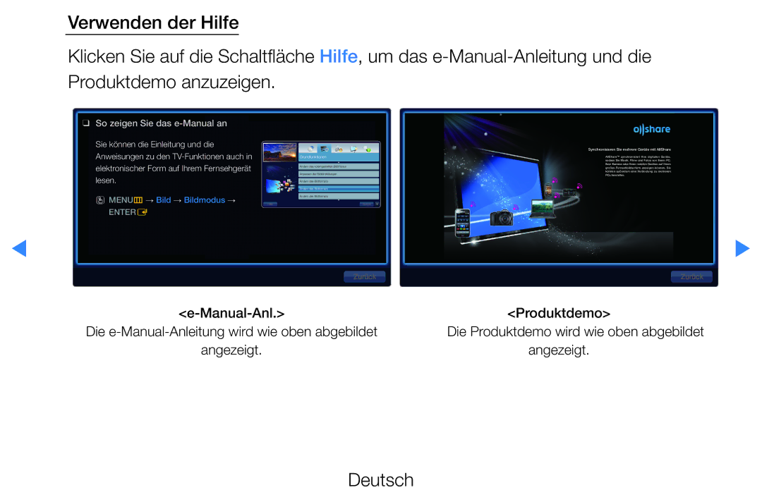 Samsung UE40D5520RWXXC, UE46D5500RWXXH, UE40D5720RSXXN, UE40D5500RWXXH, UE32D5720RSXZG manual So zeigen Sie das e-Manual an 