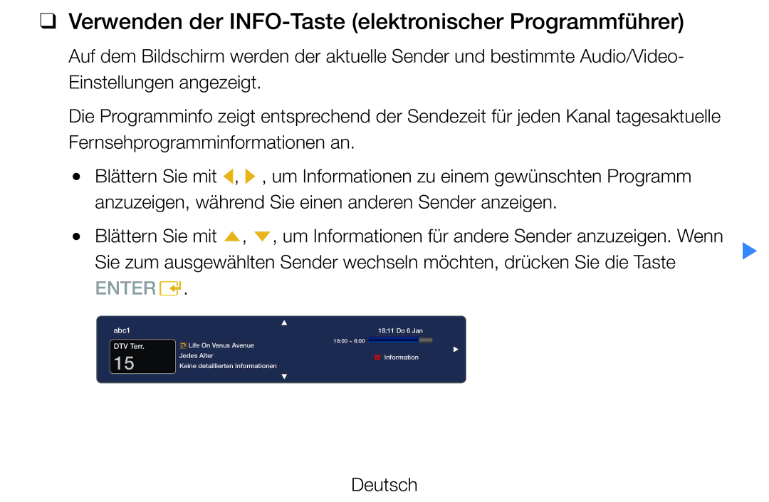 Samsung UE32D5720RSXZG, UE46D5500RWXXH, UE40D5720RSXXN manual Verwenden der INFO-Taste elektronischer Programmführer, Deutsch 