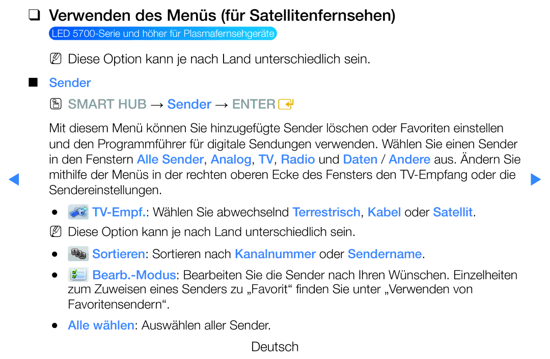 Samsung UE46D5500RWXXH Verwenden des Menüs für Satellitenfernsehen, Sortieren Sortieren nach Kanalnummer oder Sendername 