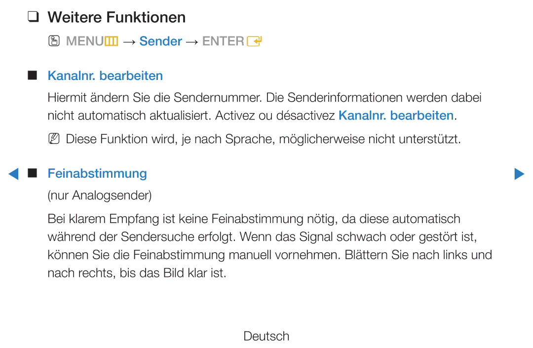 Samsung UE46D5720RSXZG, UE46D5500RWXXH, UE40D5720RSXXN manual Weitere Funktionen, Kanalnr. bearbeiten, Feinabstimmung 