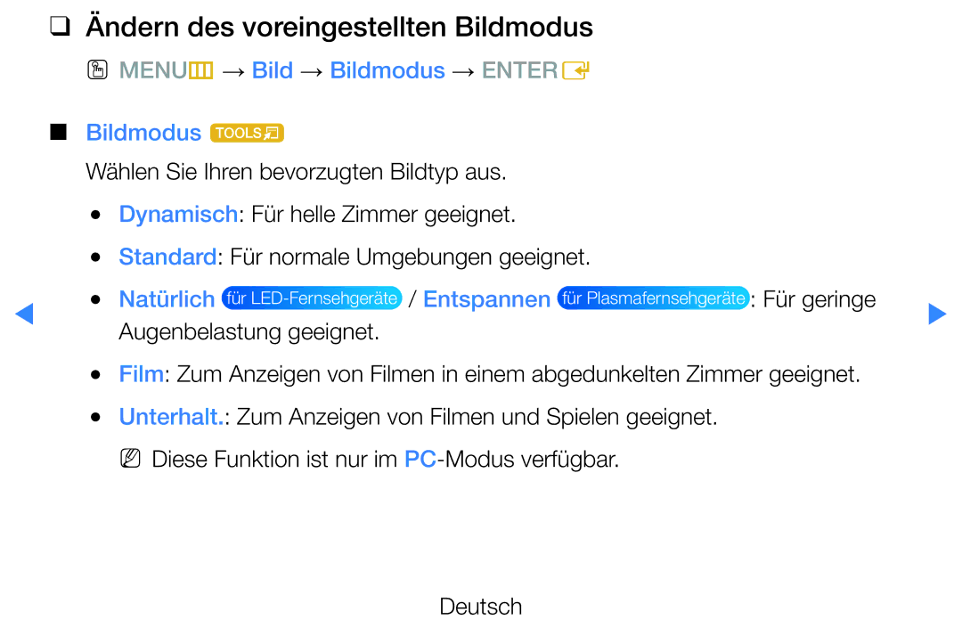 Samsung UE37D5500RWXXH Ändern des voreingestellten Bildmodus, OO MENUm → Bild → Bildmodus → Entere Bildmodus t, Entspannen 