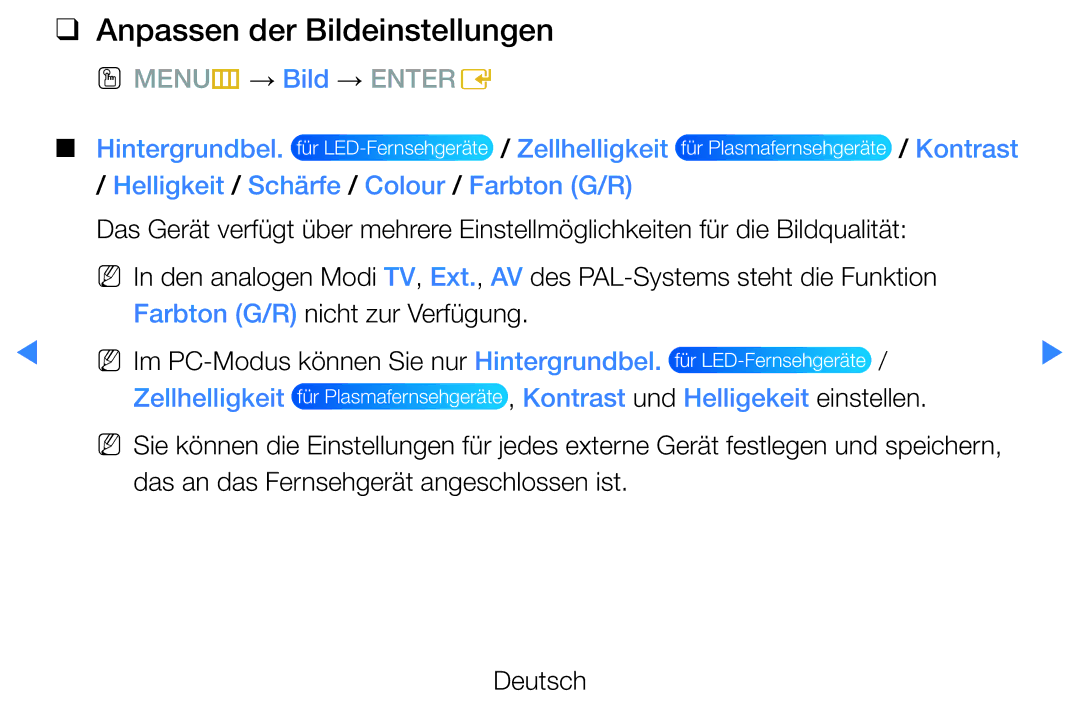 Samsung UE40D5720RSXZG, UE46D5500RWXXH manual Anpassen der Bildeinstellungen, Helligkeit / Schärfe / Colour / Farbton G/R 
