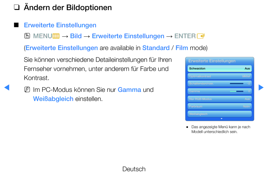 Samsung UE46D5720RSXZF, UE46D5500RWXXH, UE40D5720RSXXN, UE40D5500RWXXH Ändern der Bildoptionen, Erweiterte Einstellungen 