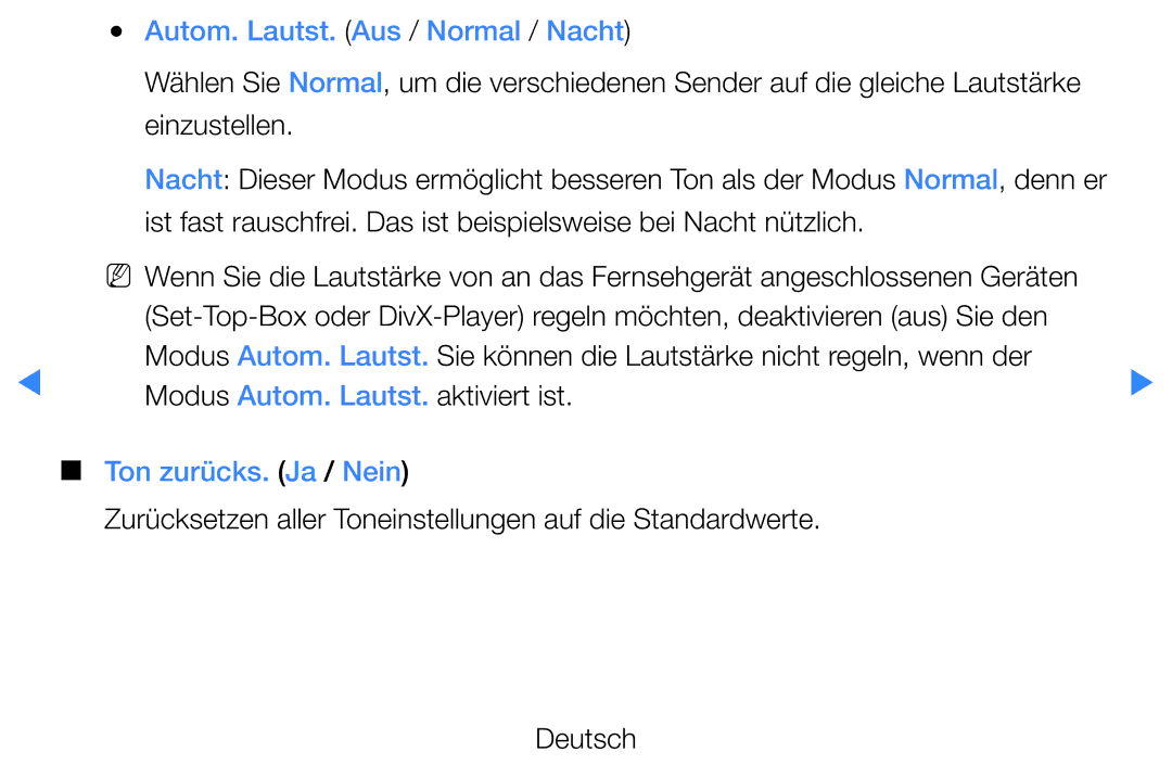 Samsung UE40D5720RSXZG, UE46D5500RWXXH manual Autom. Lautst. Aus / Normal / Nacht, Einzustellen, Ton zurücks. Ja / Nein 