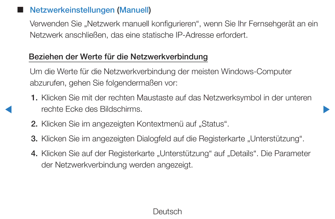 Samsung UE46D5700RSXZF, UE46D5500RWXXH, UE40D5720RSXXN manual Netzwerkeinstellungen Manuell, Rechte Ecke des Bildschirms 