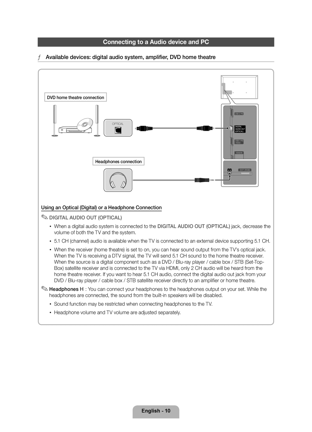 Samsung UE46D5520RWXRU manual Connecting to a Audio device and PC, Using an Optical Digital or a Headphone Connection 