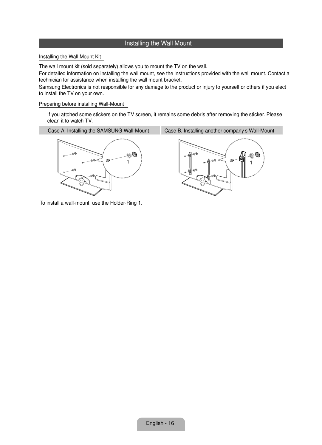 Samsung UE46D5500RWXRU, UE46D5520RWXRU, UE40D5500RWXMS, UE46D5500RWXMS, UE37D5500RWXRU manual Installing the Wall Mount 