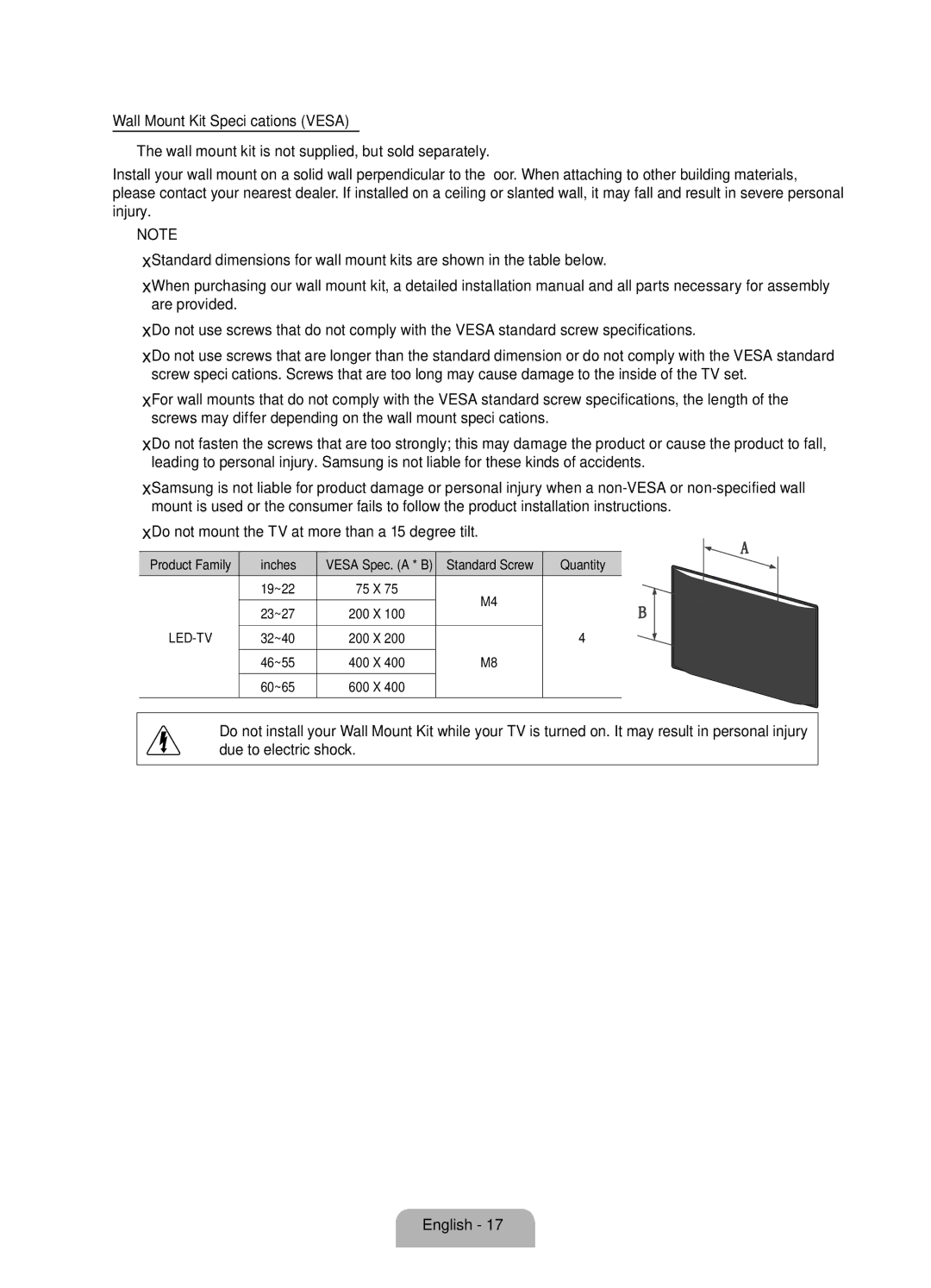 Samsung UE40D5520RWXRU, UE46D5520RWXRU, UE40D5500RWXMS, UE46D5500RWXMS Xx Do not mount the TV at more than a 15 degree tilt 