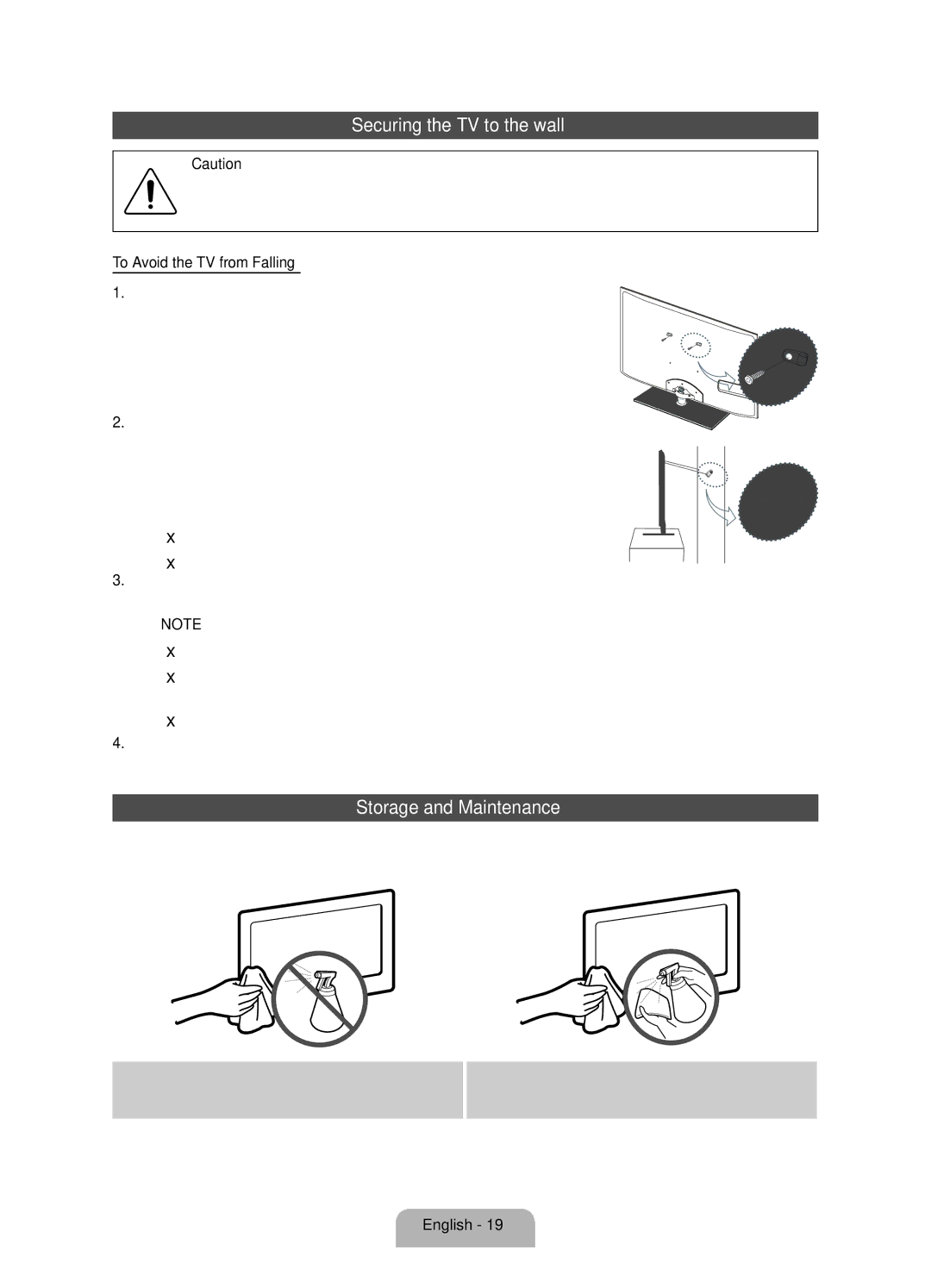 Samsung UE32D5500RWXRU, UE46D5520RWXRU, UE40D5500RWXMS manual Securing the TV to the wall, Storage and Maintenance, Wall 