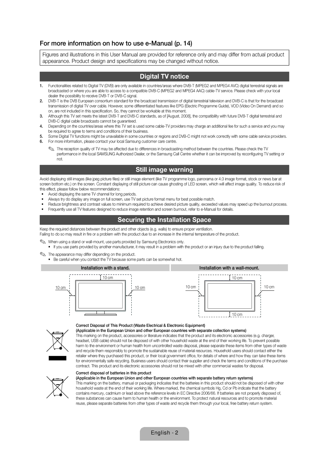 Samsung UE46D5500RWXMS manual Digital TV notice, Still image warning, Securing the Installation Space, English, 10 cm 