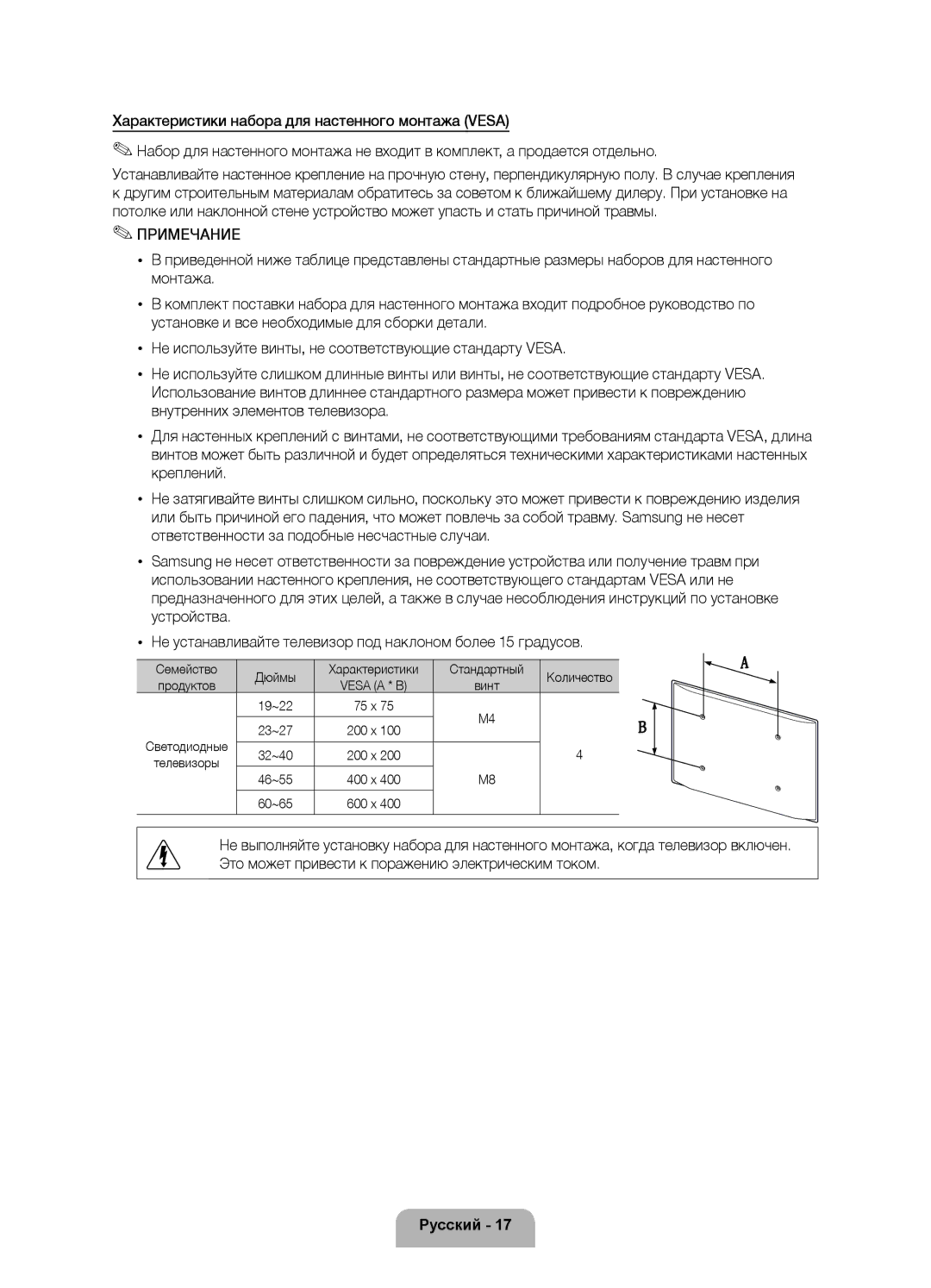 Samsung UE40D5520RWXRU, UE46D5520RWXRU manual Продуктов, Винт, 19~22 23~27, Светодиодные 32~40, Телевизоры 46~55, 60~65 