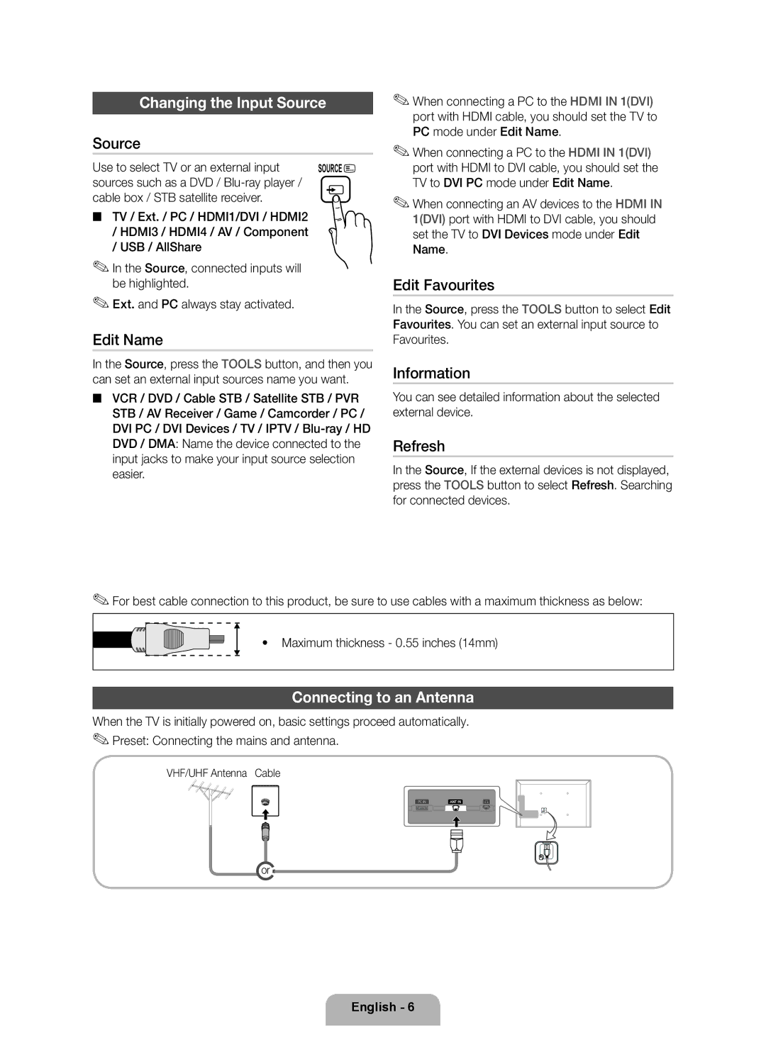 Samsung UE46D5500RWXRU manual Changing the Input Source, Connecting to an Antenna, Use to select TV or an external input 