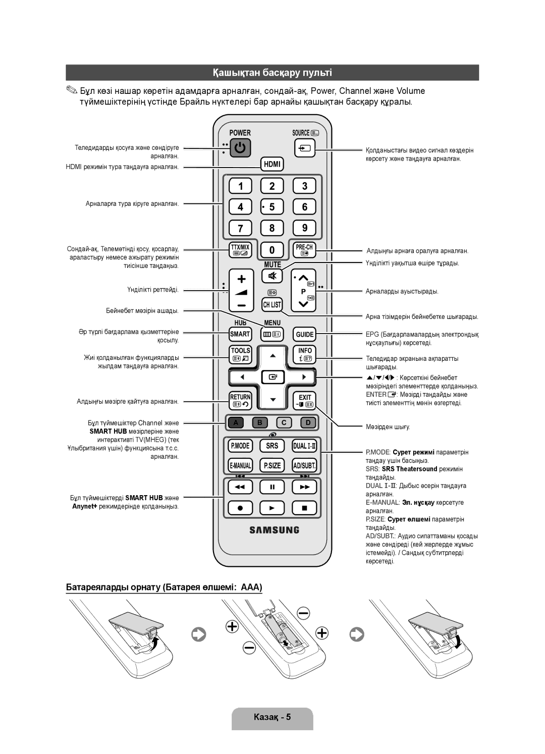 Samsung UE32D5520RWXRU, UE46D5520RWXRU manual Қашықтан басқару пульті, Батареяларды орнату Батарея өлшемі AAA Казақ 