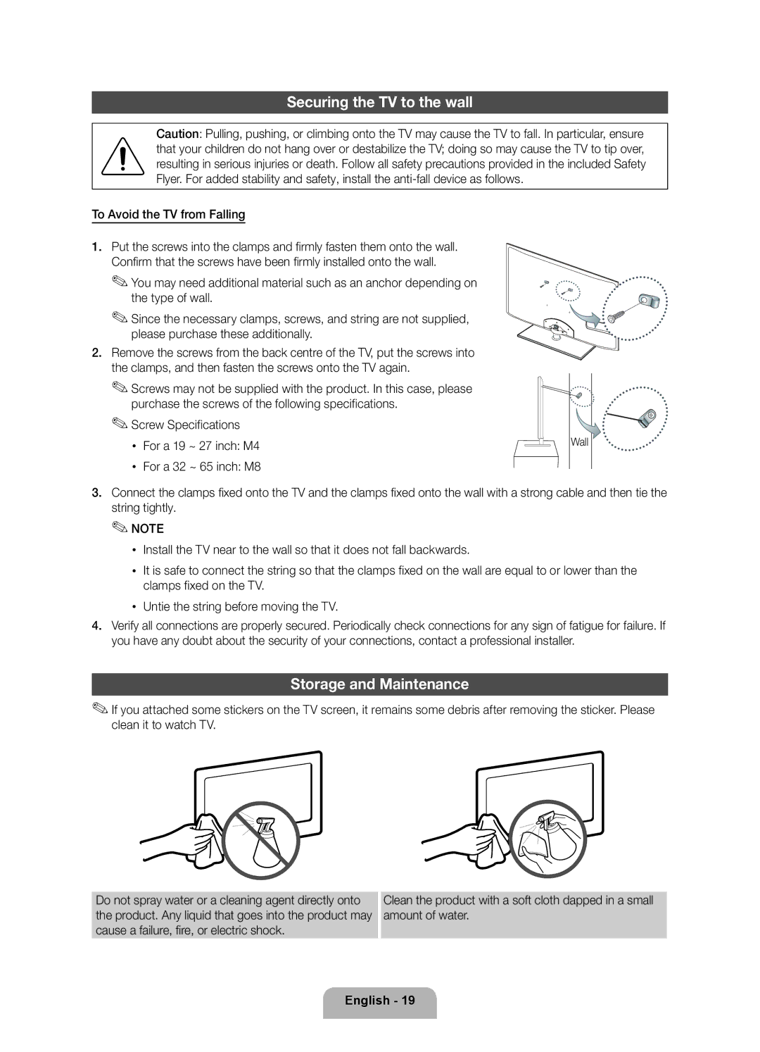 Samsung UE32D5725RSXXE, UE46D5725RSXXE, UE37D5705RSXXE, UE32D5705RSXXE Securing the TV to the wall, Storage and Maintenance 