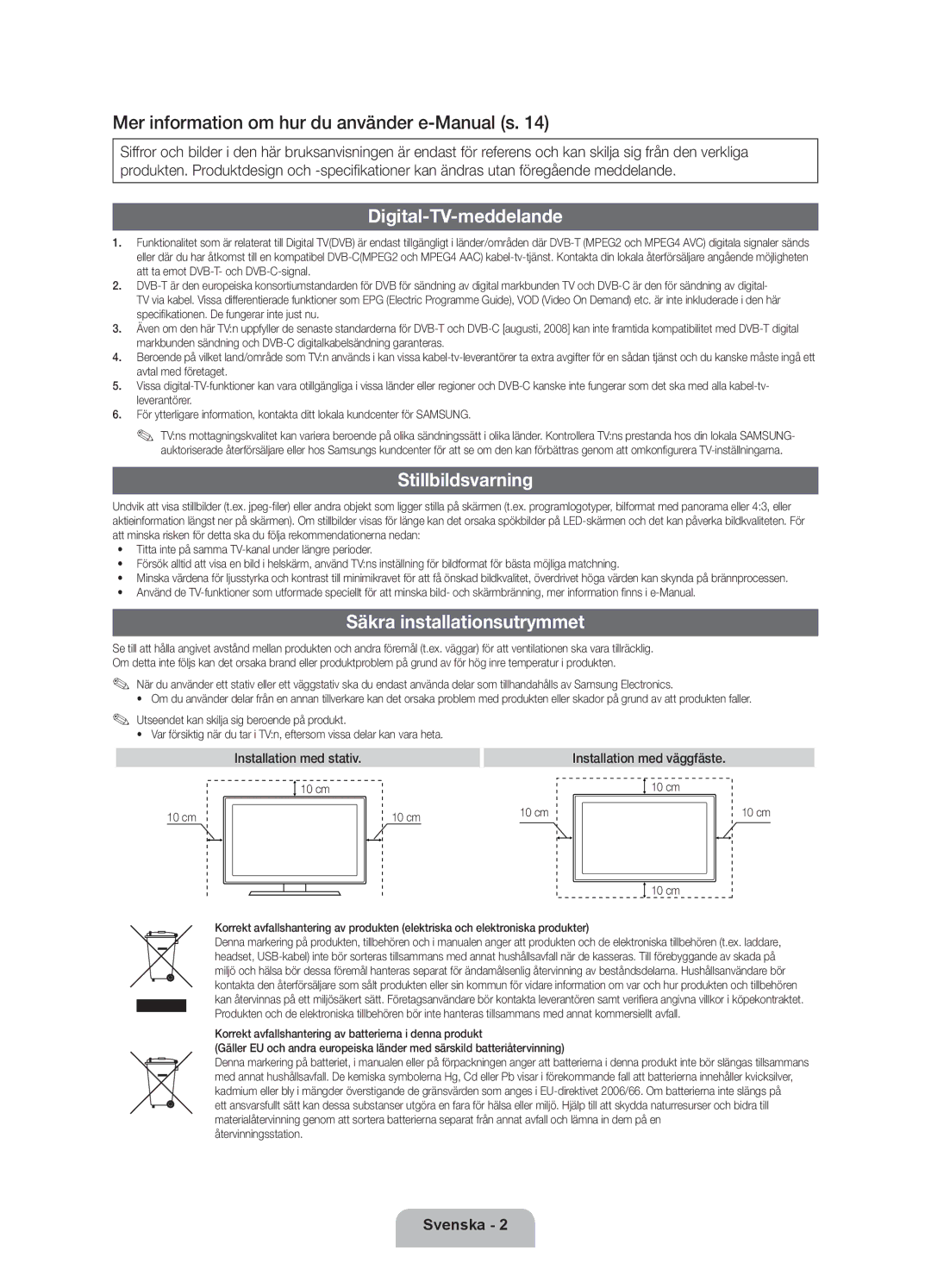 Samsung UE46D5705RSXXE, UE46D5725RSXXE manual Digital-TV-meddelande, Stillbildsvarning, Säkra installationsutrymmet 