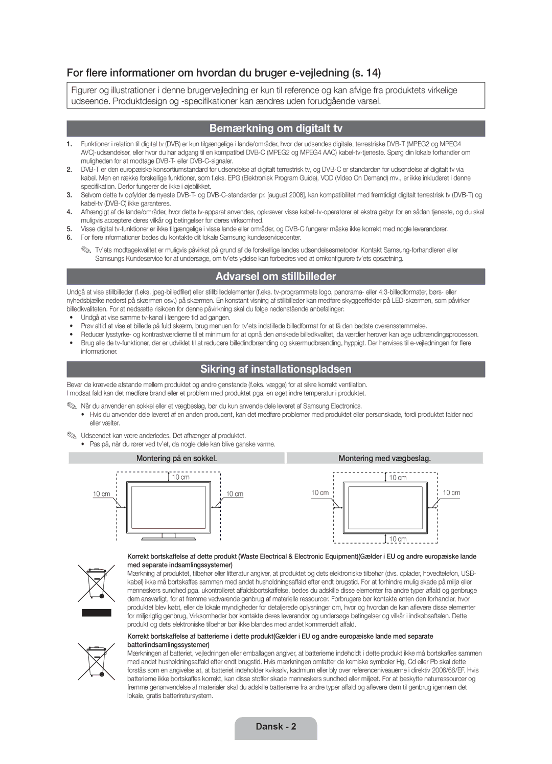 Samsung UE32D5705RSXXE, UE46D5725RSXXE, UE37D5705RSXXE manual Bemærkning om digitalt tv, Sikring af installationspladsen 