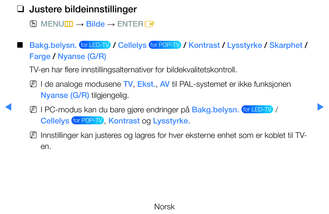 Samsung UE37D5725RSXXE, UE46D5725RSXXE manual Justere bildeinnstillinger, Cellelys for PDP-TV ,Kontrast og Lysstyrke 