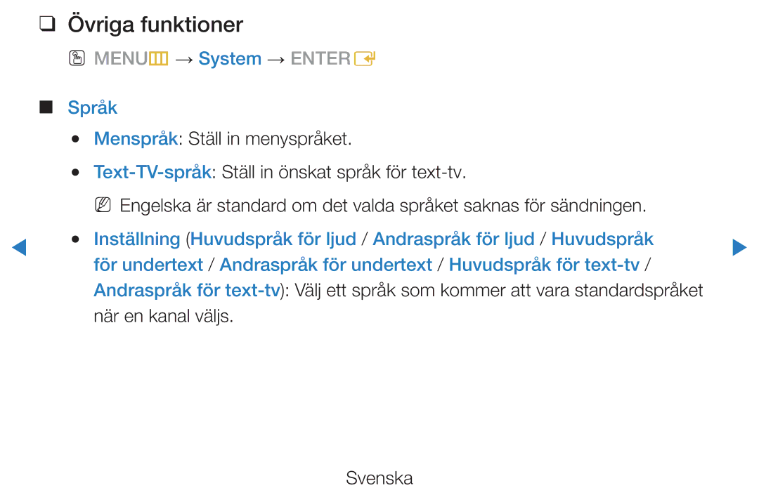 Samsung UE32D5727RKXXE, UE46D5725RSXXE, UE37D5705RSXXE, UE32D5705RSXXE, UE32D5707RKXXE manual OO MENUm → System → Entere, Språk 