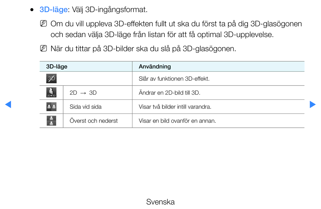 Samsung UE37D5705RSXXE manual 3D-läge Välj 3D-ingångsformat, NN När du tittar på 3D-bilder ska du slå på 3D-glasögonen 