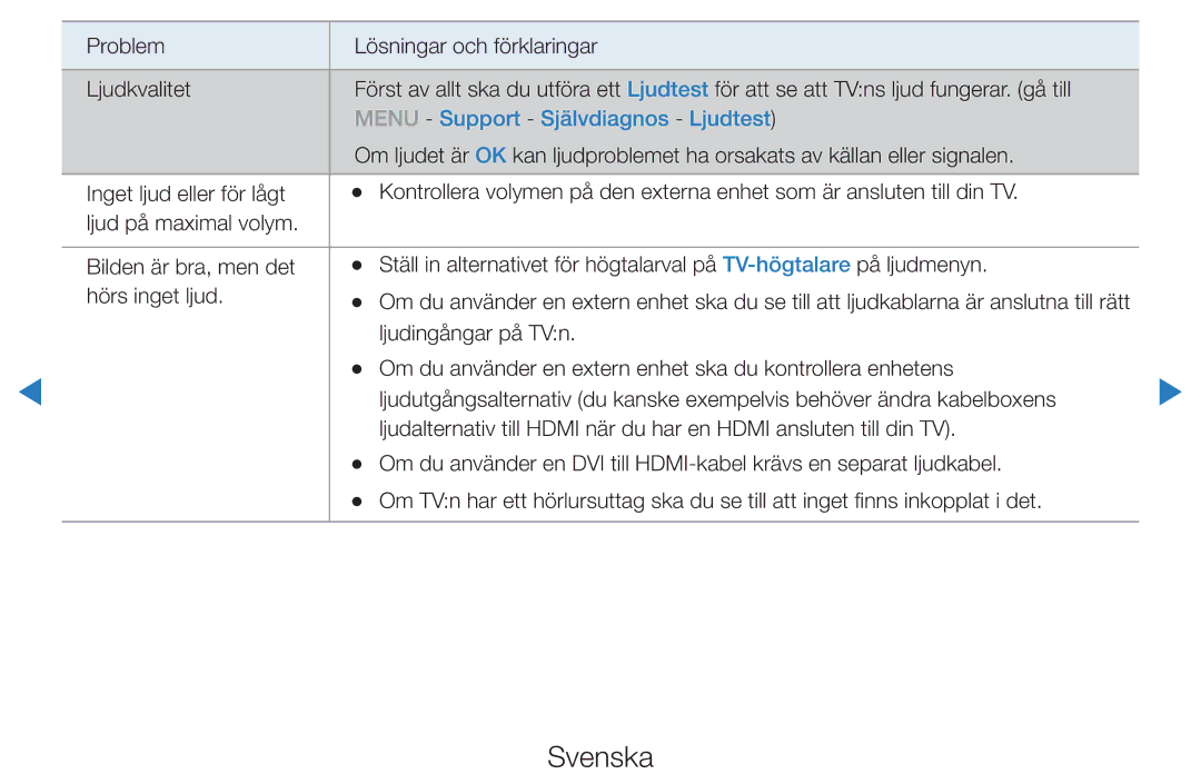 Samsung UE32D5725RSXXE, UE46D5725RSXXE, UE37D5705RSXXE, UE32D5727RKXXE, UE32D5705RSXXE Menu Support Självdiagnos Ljudtest 