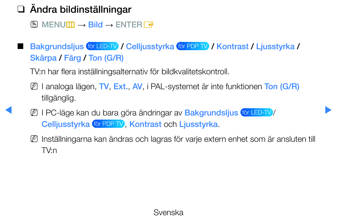 Samsung UE37D5725RSXXE, UE46D5725RSXXE manual Ändra bildinställningar, Celljusstyrka för PDP TV , Kontrast och Ljusstyrka 