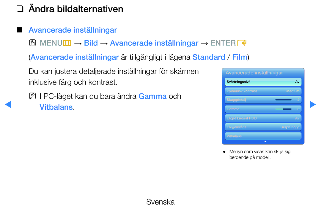 Samsung UE40D5705RSXXE, UE46D5725RSXXE, UE37D5705RSXXE manual Ändra bildalternativen, Avancerade inställningar, Vitbalans 