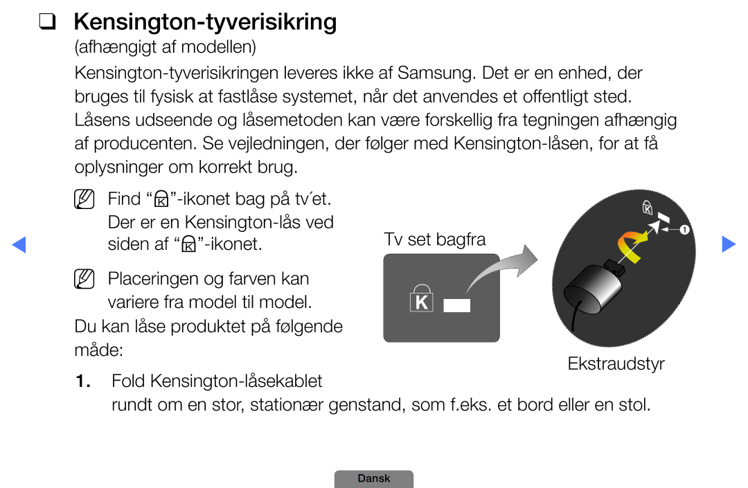 Samsung UE40D5004BWXXE, UE46D5727RKXXE, UE26D4004BWXXE, UE32D4004BWXXE, UE19D4004BWXXE manual Kensington-tyverisikring 