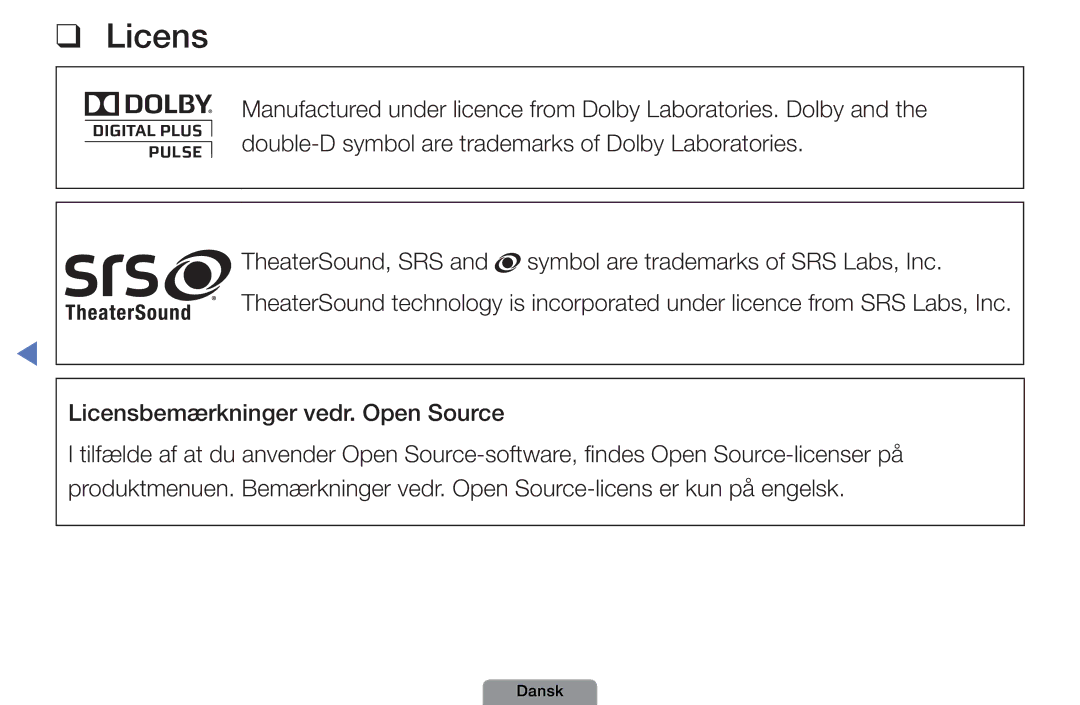 Samsung UE22D5004BWXXE, UE46D5727RKXXE, UE26D4004BWXXE, UE40D5004BWXXE manual Licensbemærkninger vedr. Open Source 