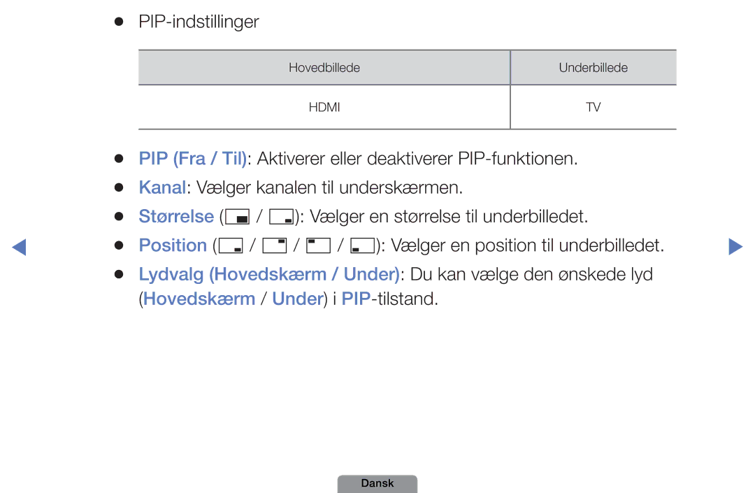 Samsung UE32D4004BWXXE, UE46D5727RKXXE, UE26D4004BWXXE, UE40D5004BWXXE, UE19D4004BWXXE manual Hovedskærm / Under i PIP-tilstand 