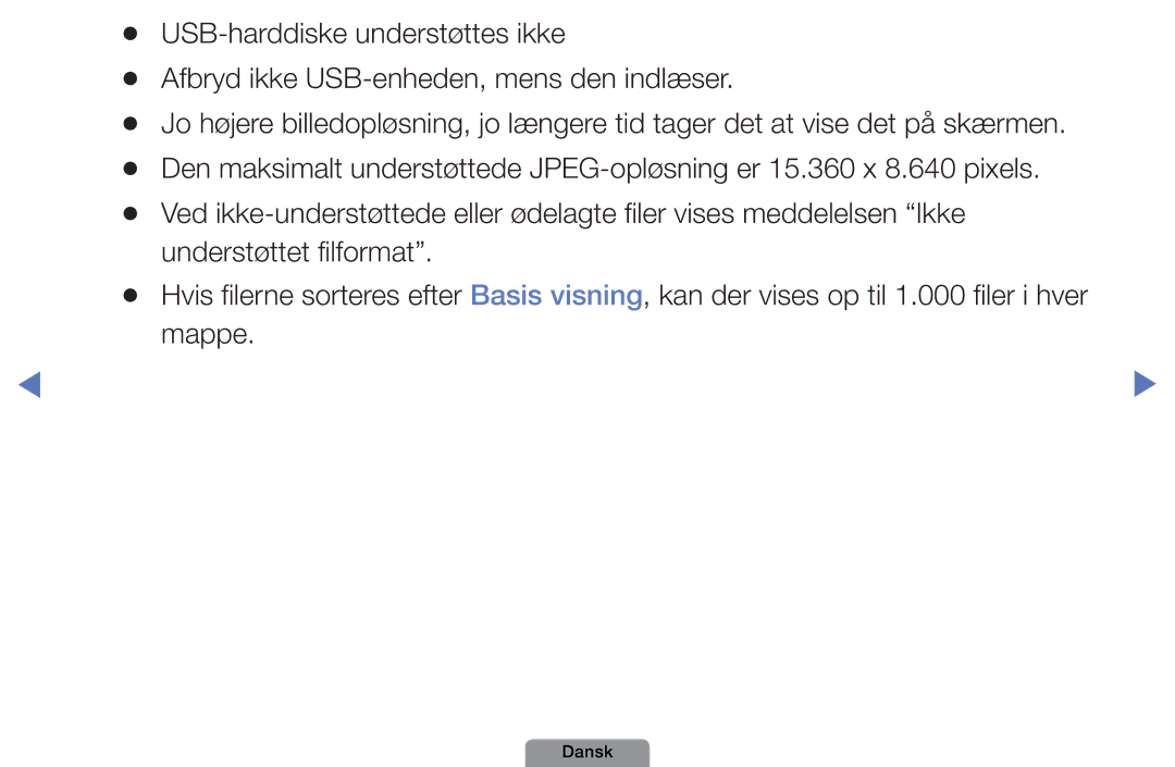 Samsung UE22D5004BWXXE, UE46D5727RKXXE, UE26D4004BWXXE, UE40D5004BWXXE, UE32D4004BWXXE manual USB-harddiske understøttes ikke 