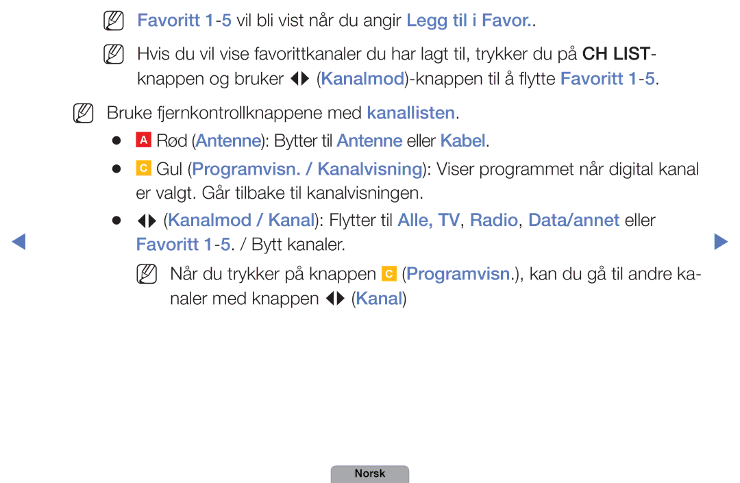 Samsung UE19D4004BWXXE, UE46D5727RKXXE, UE26D4004BWXXE manual NN Favoritt 1-5 vil bli vist når du angir Legg til i Favor 